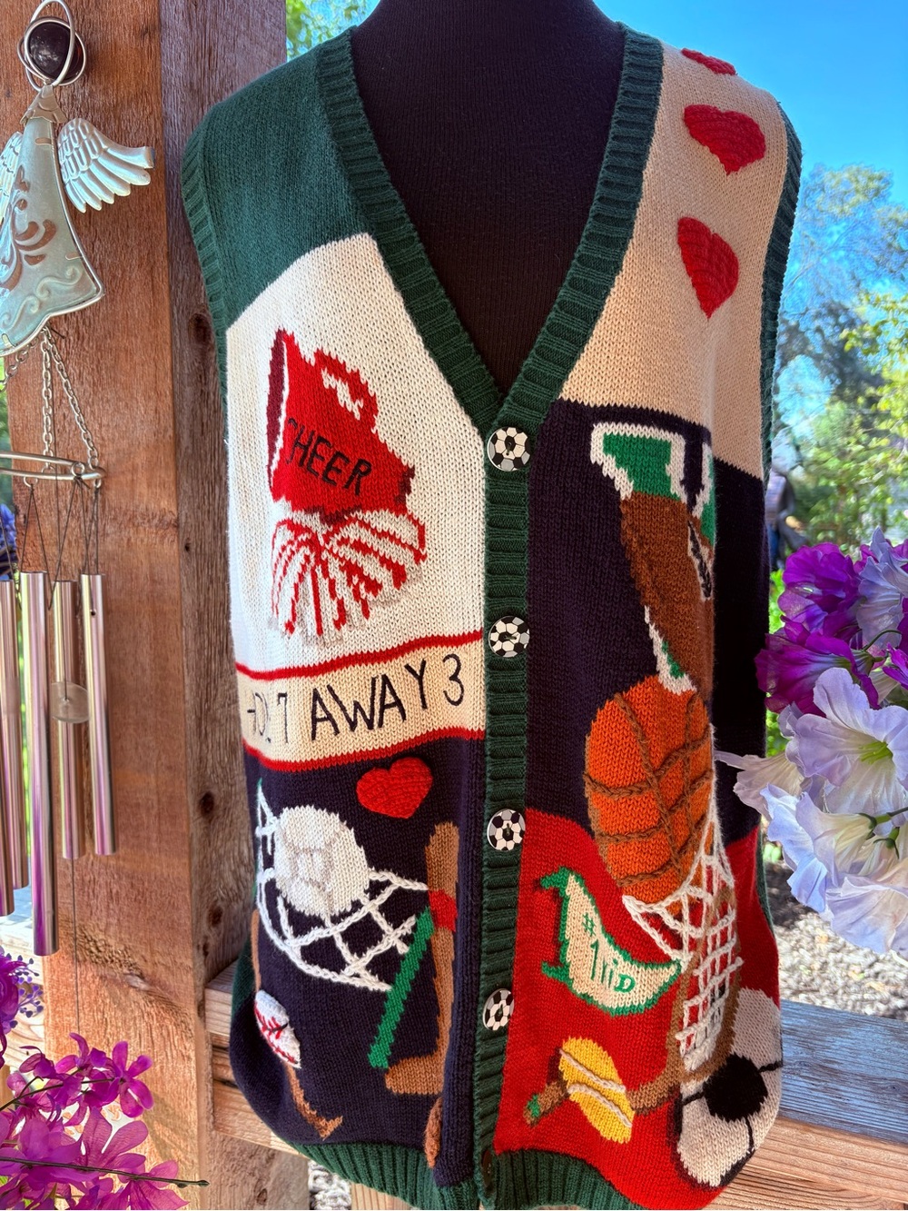 Vintage Eagles Eye School & Sports Theme Soccer Ball Buttons Knit Sweater Vest